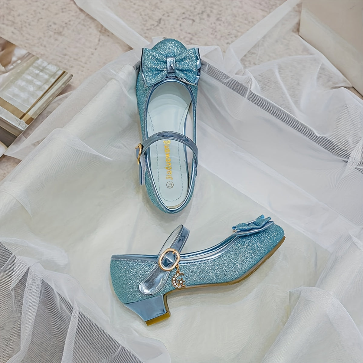 Girls Low Heel Mary Jane Shoes with Bow and Flower Details, Round-Toe Cushioned Dress Shoes in Blue or Purple for Toddler to Big Kid Parties and Weddings