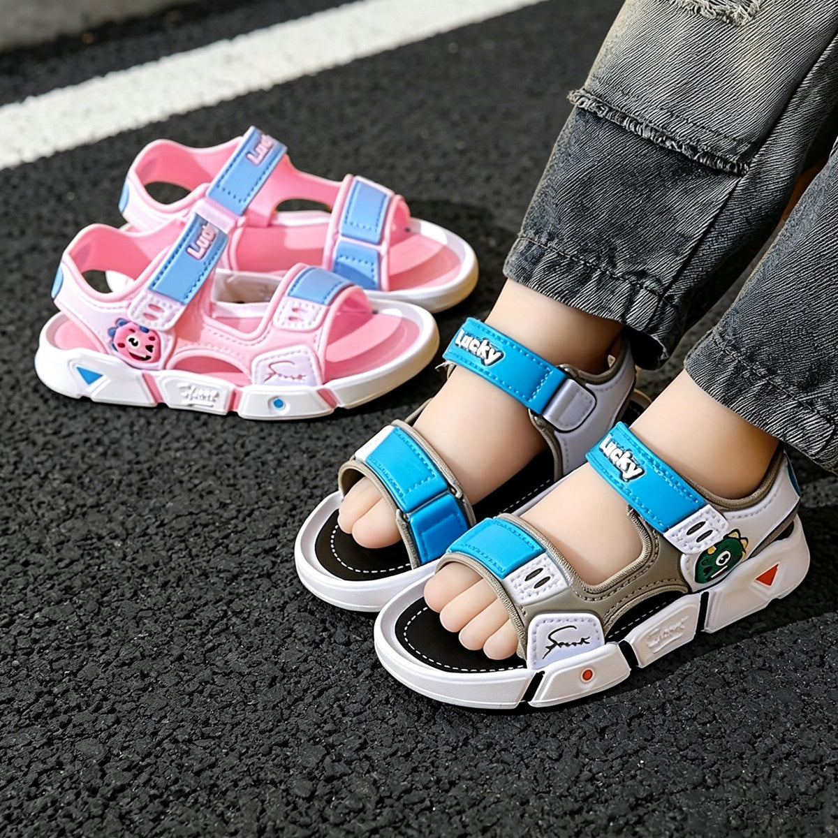 Kids Beach Sandals with Cartoon Style, Lightweight Breathable Summer Shoes with Soft Elastic Soles for Toddler Boys and Girls in Three Colors