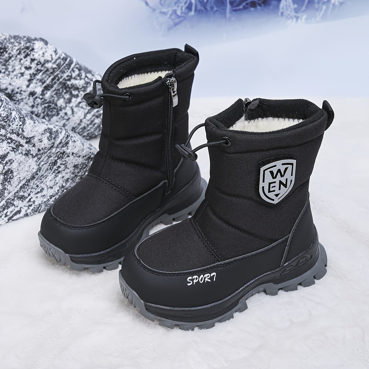 Fleece-Lined Kids Winter Snow Boots - Waterproof Nylon Upper, Anti-Slip Thick Sole, Zip & Drawstring Closure for Boys & Girls, Warm Outdoor Winter Footwear with Durable Rubber Sole