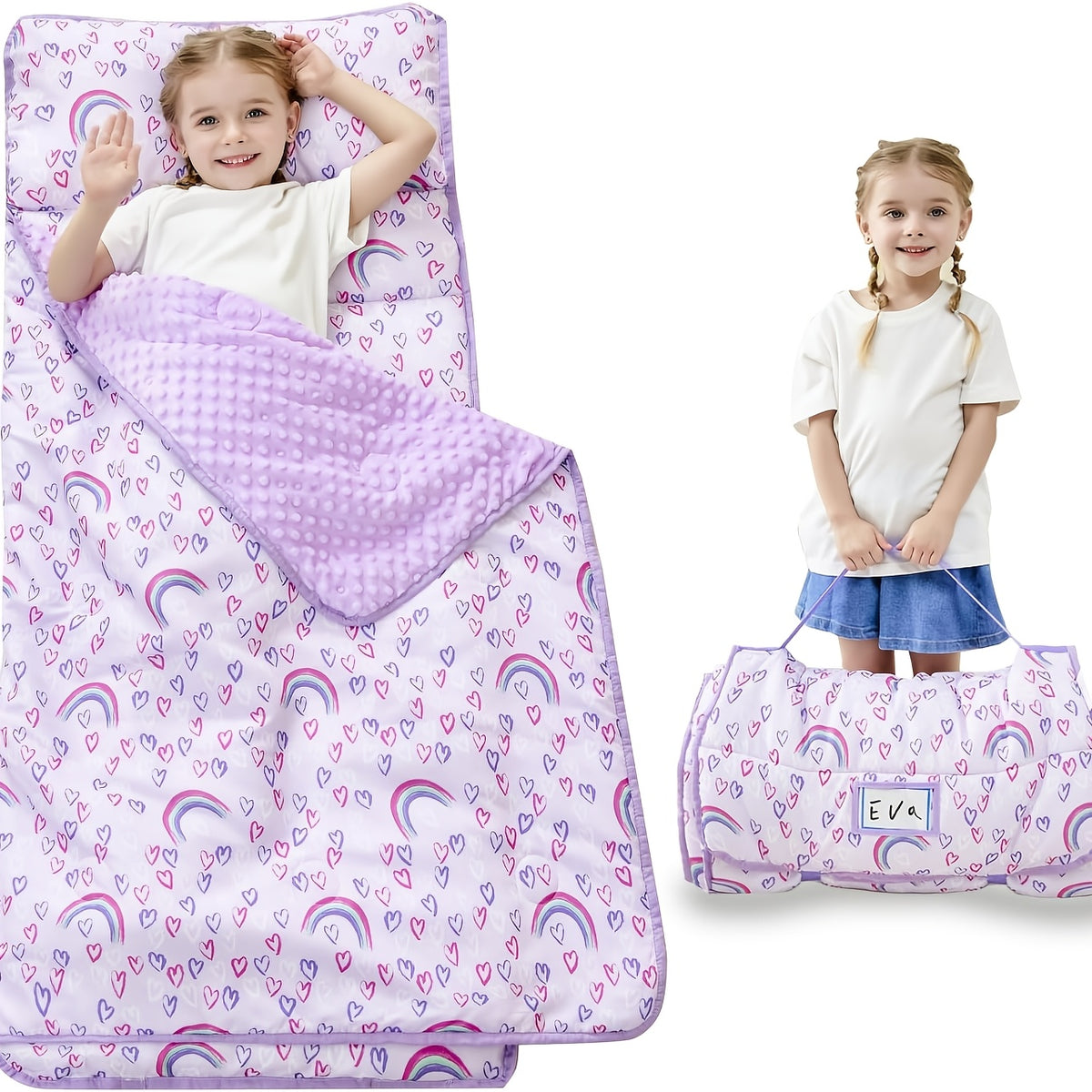 Kids Nap Mat with Pillow and Blanket for Preschool Daycare, Roll-Up Slumber Mat for Boys and Girls, Colorful Prints for Travel and Rest Time