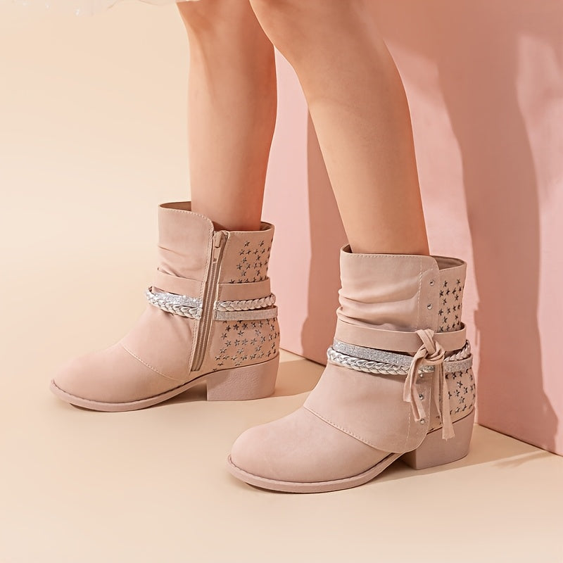 Plaid Side-Zip Ankle Boots for Girls - Stylish Low Heel Boots with Warm Lining, Non-Slip Outsole, Easy On and Off for Little Kid & Big Kid, Perfect for Fall and Winter