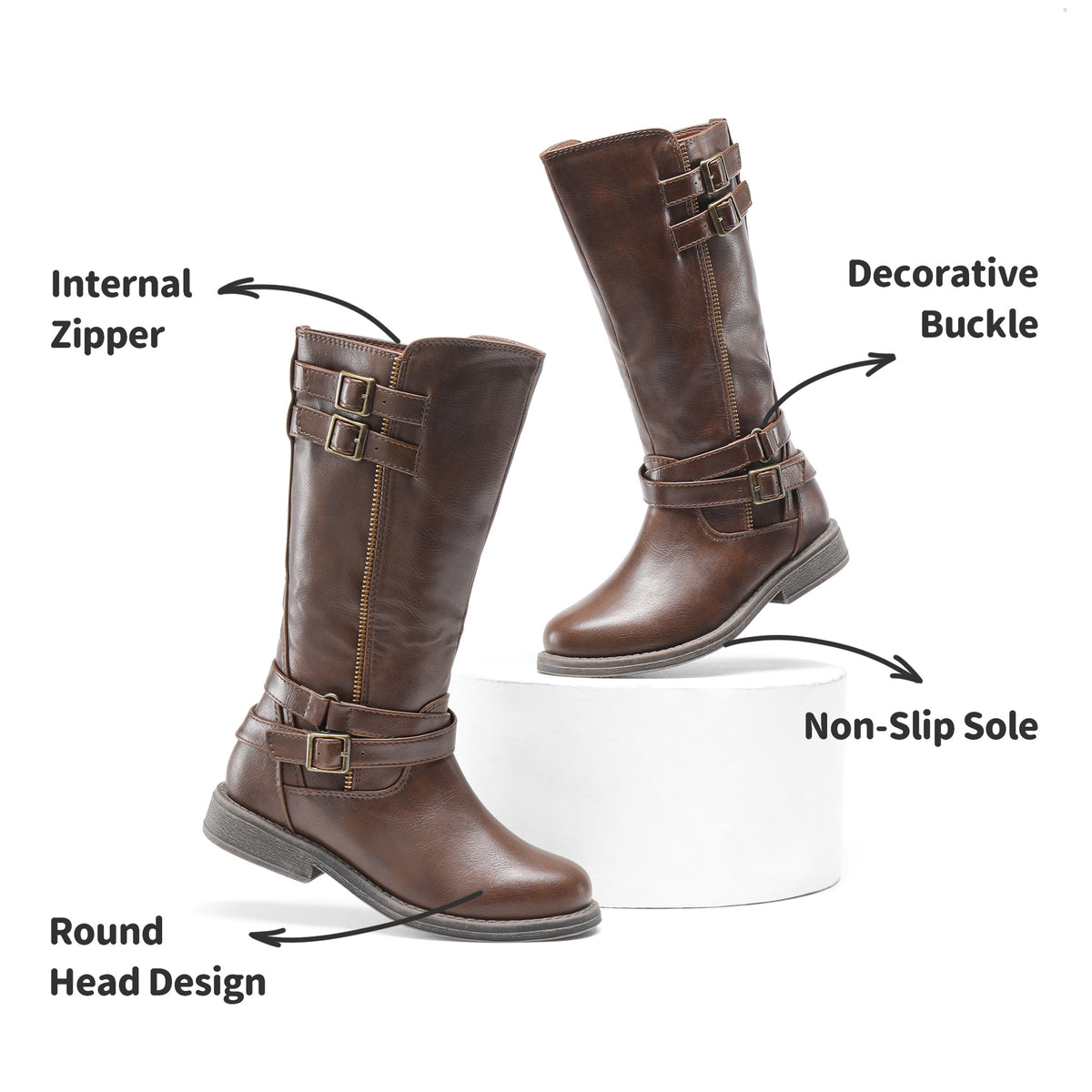 Girls' Buckle Knee-High Winter Boots with Classic Riding Style, Fabric Lining and PU Insole for Toddler, Little Kid & Big Kid, Black, Dark Brown or Sepia