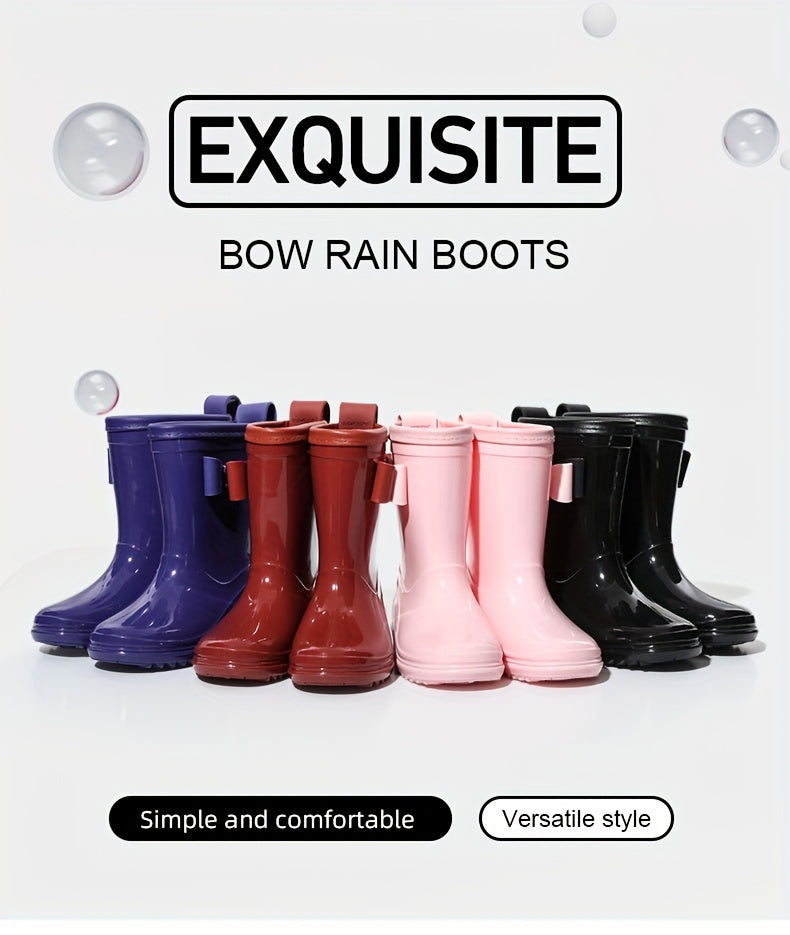 Girls Bow Rain Boots with Pull Tabs, Lightweight One-Piece Molded Toddler and Little Kid Boots in Pink, Burgundy, Dark Violet or Black for Rainy-Day Outings