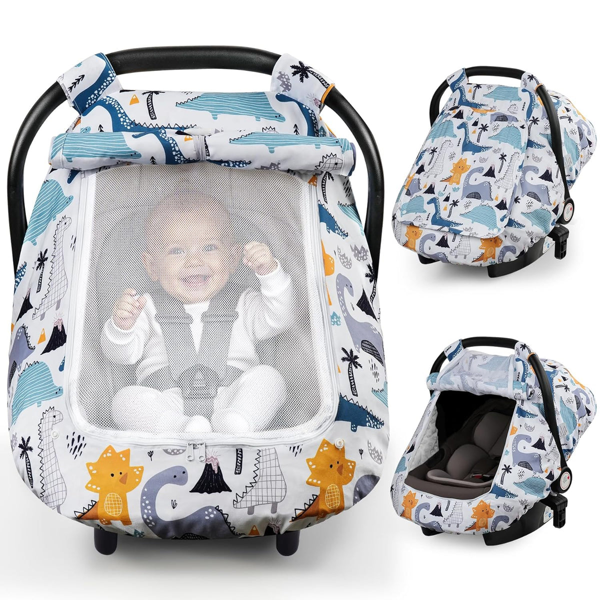Blue Dinosaur Baby Car Seat Canopy Cover, Lightweight Infant Carrier Shade with Two-Layer Mesh Windows for Supervised Stroller Outings and Travel