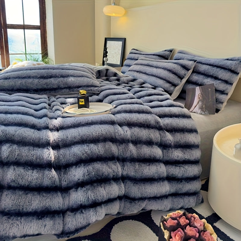 Striped Faux Rabbit Fur Throw Blanket with Flannel Back, Double-Sided Sofa and Bed Cover in Throw, Twin XL, Queen or King Sizes and Multiple Colors