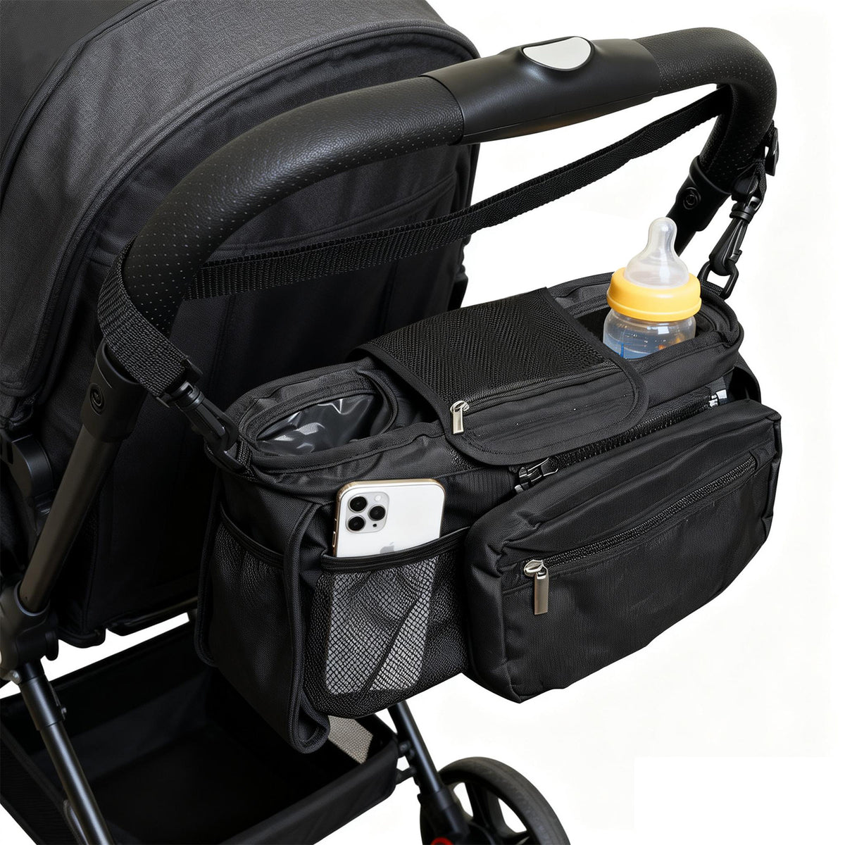 Stroller Console Bag with Dual Cup Holders, Black Hanging Organizer with Detachable Wristlet Phone Pouch and Adjustable Shoulder Strap