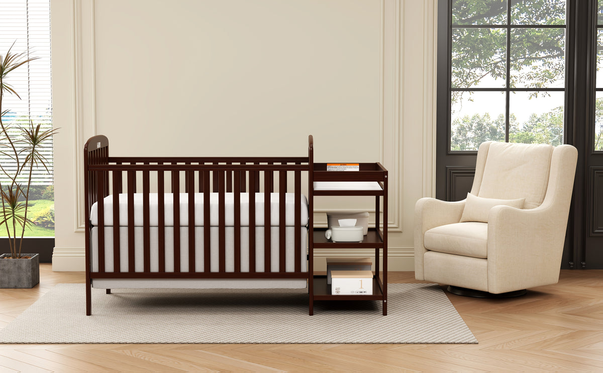 Baby Crib with Changing Table, Goldzone 4-in-1 Convertible Wooden Nursery Crib with Four Mattress Heights, Two Storage Shelves and Toddler Bed Conversion, White