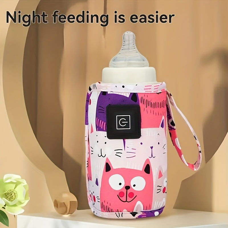 Travel Bottle Warming Cover with 3 Temperature Settings, USB-Powered Portable Baby Milk Warmer Sleeve with Colorful Cat Prints