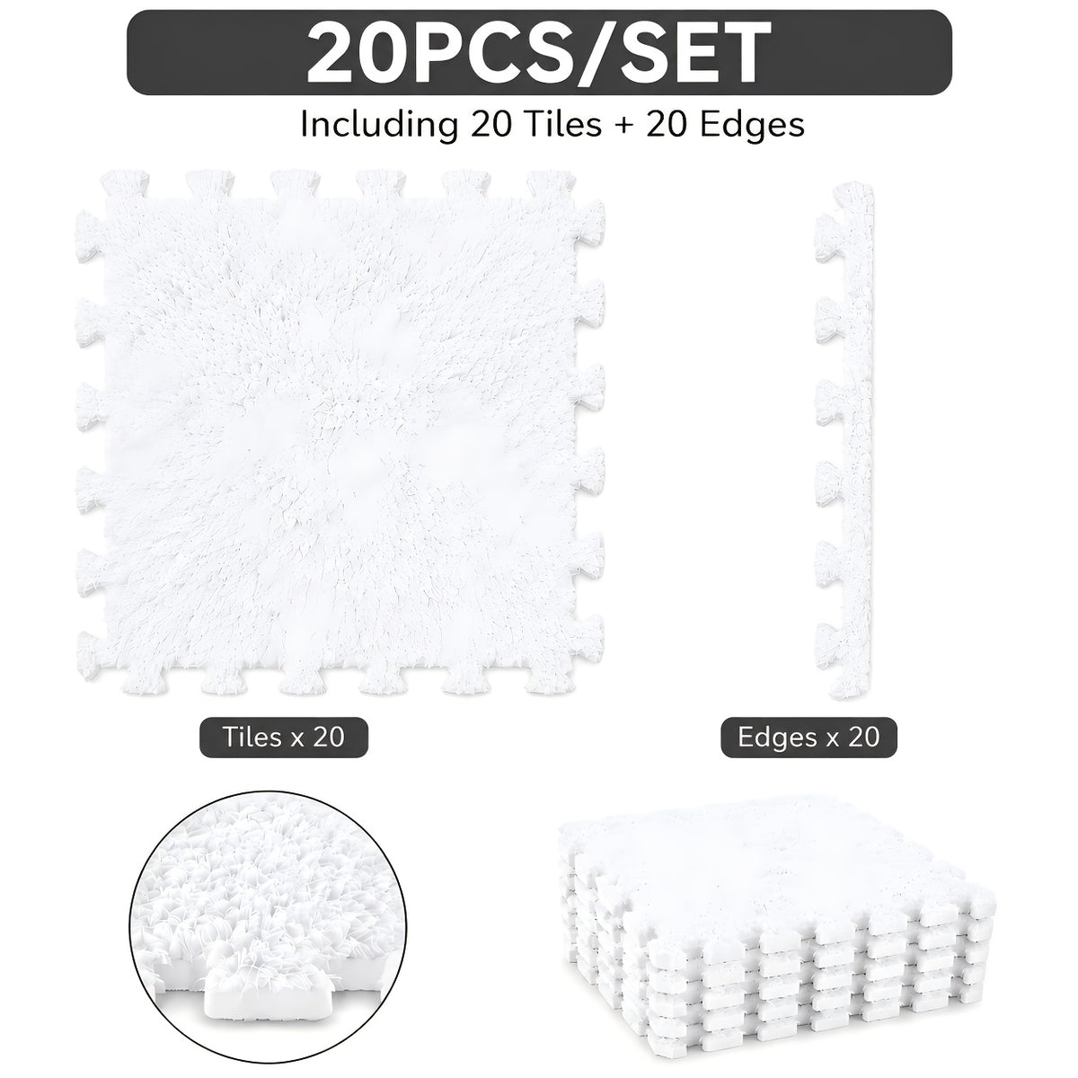 Interlocking Foam Puzzle Floor Mat Set, 20 Soft Plush Baby Tiles with 20 Edge Trims for Crawling, Nursery Play Areas, Bedrooms and Living Rooms