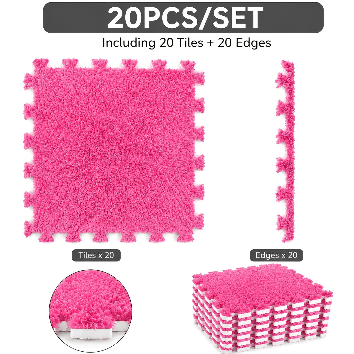 Interlocking Foam Puzzle Floor Mat Set, 20 Soft Plush Baby Tiles with 20 Edge Trims for Crawling, Nursery Play Areas, Bedrooms and Living Rooms