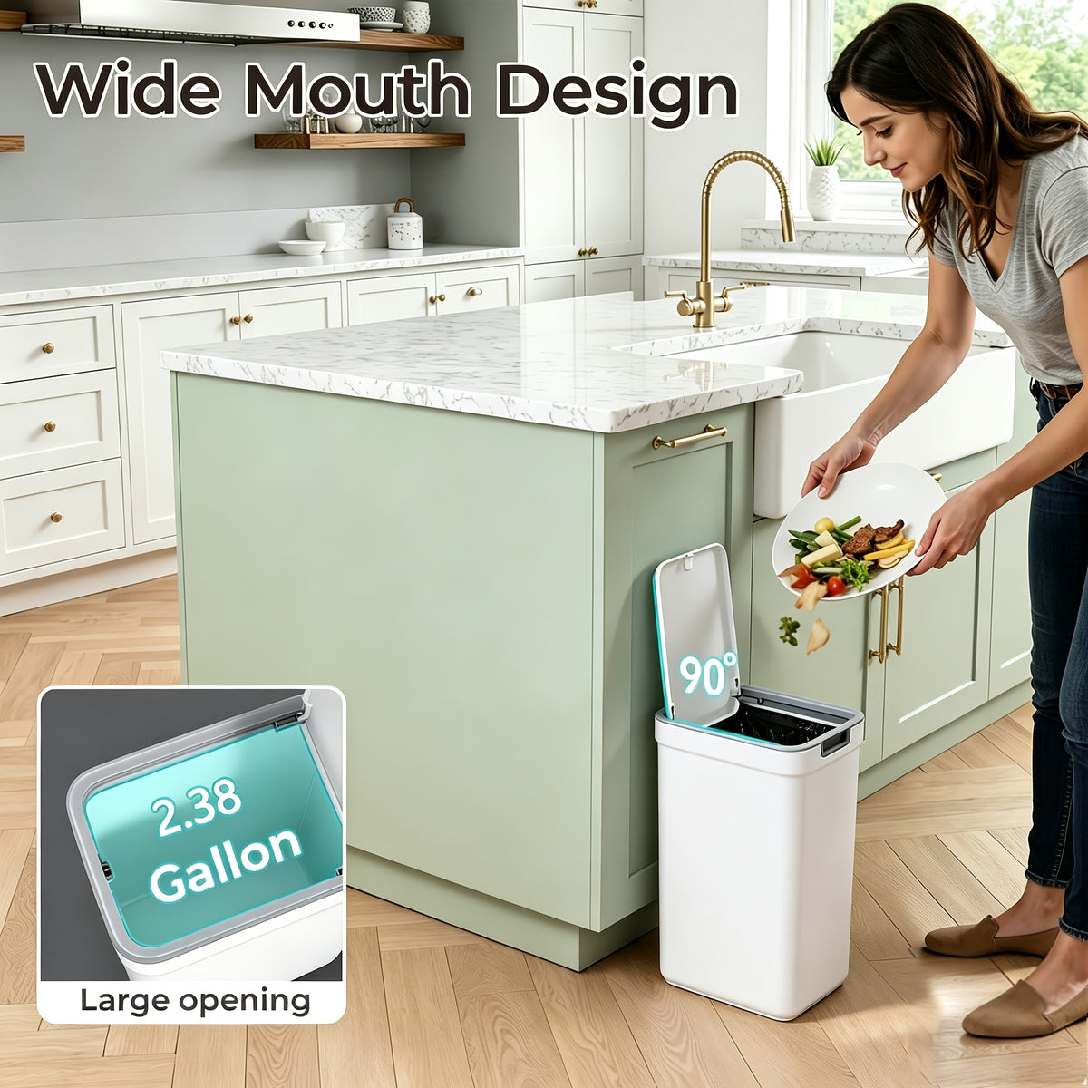 Push-Lid Bathroom Trash Can Set, Slim Plastic Waste Bins for Small Spaces with Removable Bag Rings, 2.4 and 3.6 Gallon Sizes for Home or Office