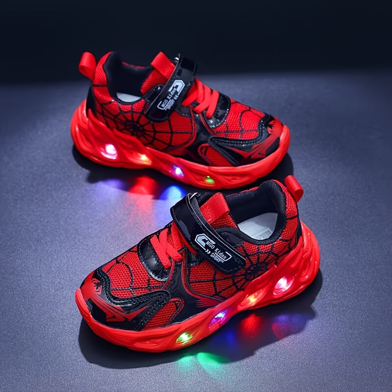 Kids Light-Up Spider Web Sneakers with Breathable Mesh Upper, LED Flashing Athletic Shoes for Boys and Girls in Red or Blue for Everyday Wear