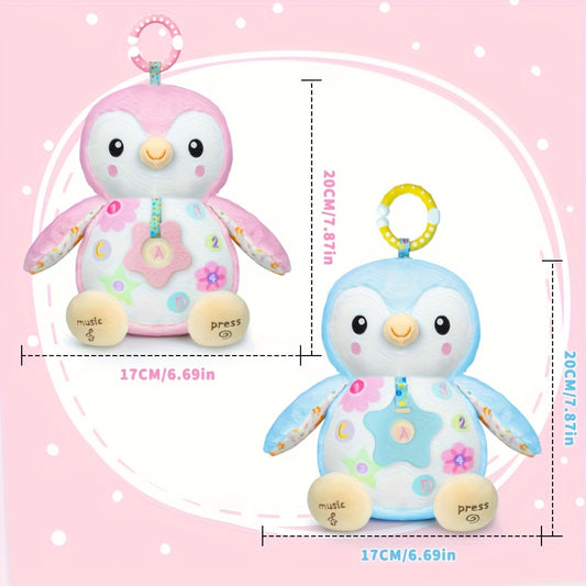 Penguin Sensory Toy for Baby, Musical Plush Animal with Textured Hanging Ring, Rattles and Crinkle Paper in Pink or Blue for Supervised Play
