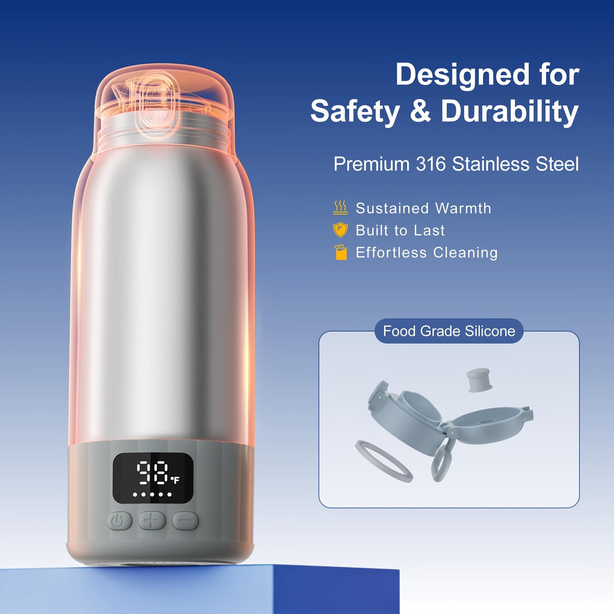 Travel Milk Warmer Flask 17 oz with 100W Heating and Adjustable 98–131°F Temperature, Portable Feeding Warmer in White, Light Blue or Light Green