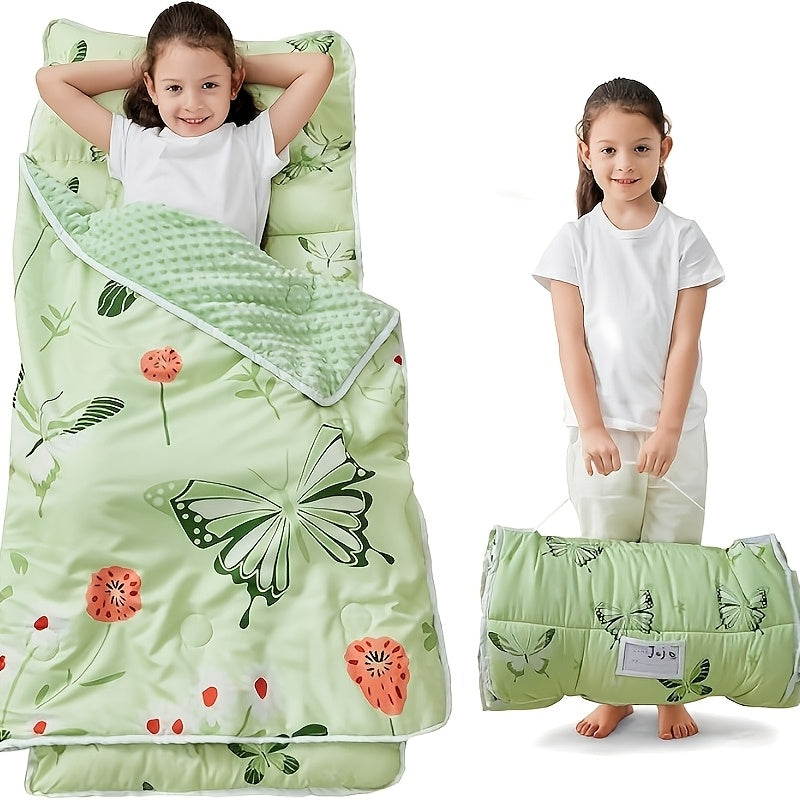 Kids Nap Mat with Pillow and Blanket for Preschool Daycare, Roll-Up Slumber Mat for Boys and Girls, Colorful Prints for Travel and Rest Time