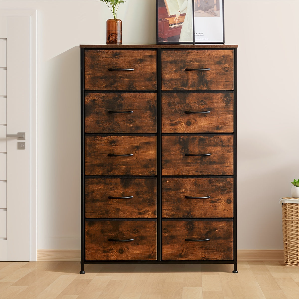 Fabric Drawer Dresser for Bedroom Storage with Metal Frame and Wood Tabletop, 9 or 10 Drawer Closet Organizer Tower for Clothes, Living Room or Entryway