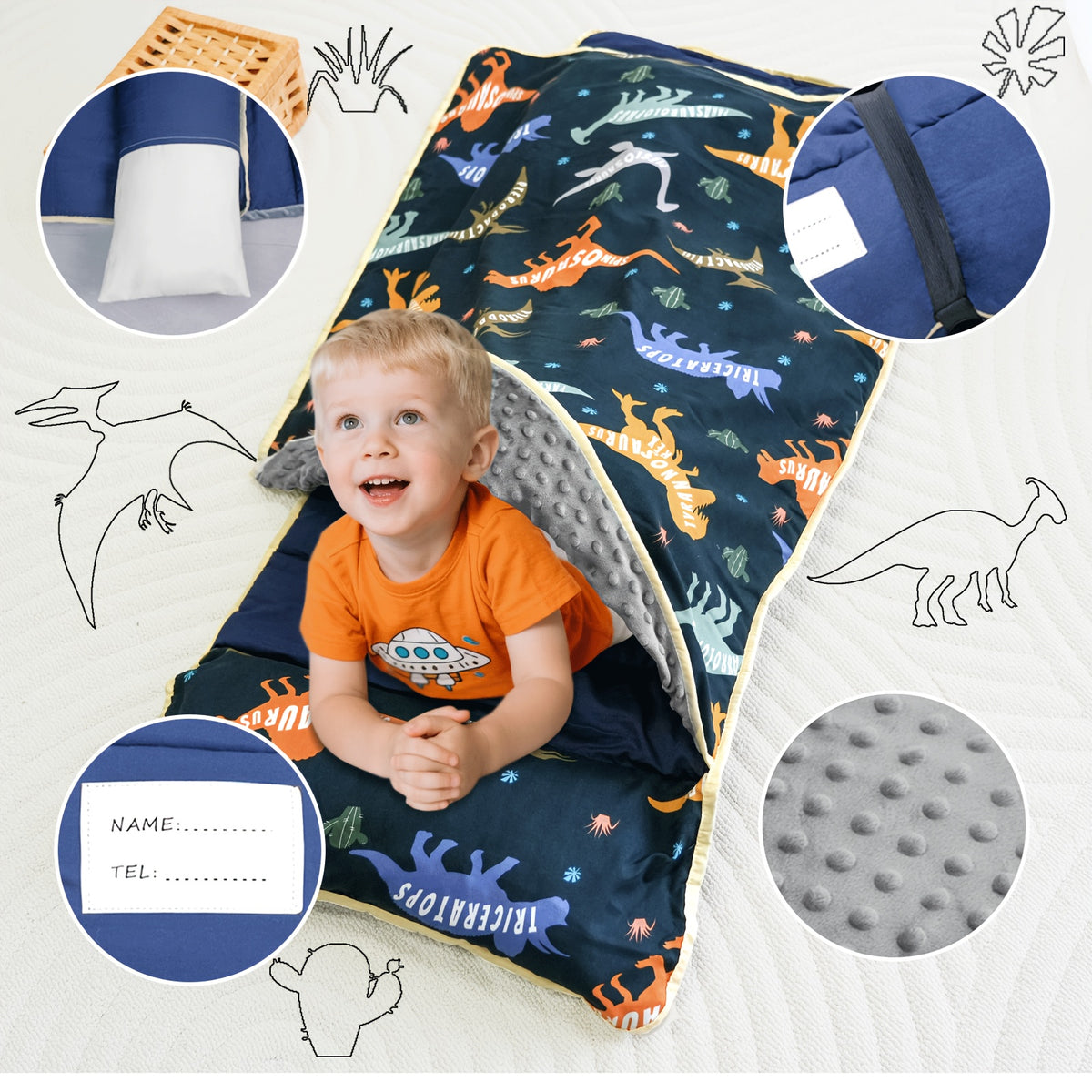 Portable Nap Mat for Preschool and Daycare by Primlect, Foldable Minky Dot Rest Mat with Built-In Pillow and Machine-Washable Design for Kids