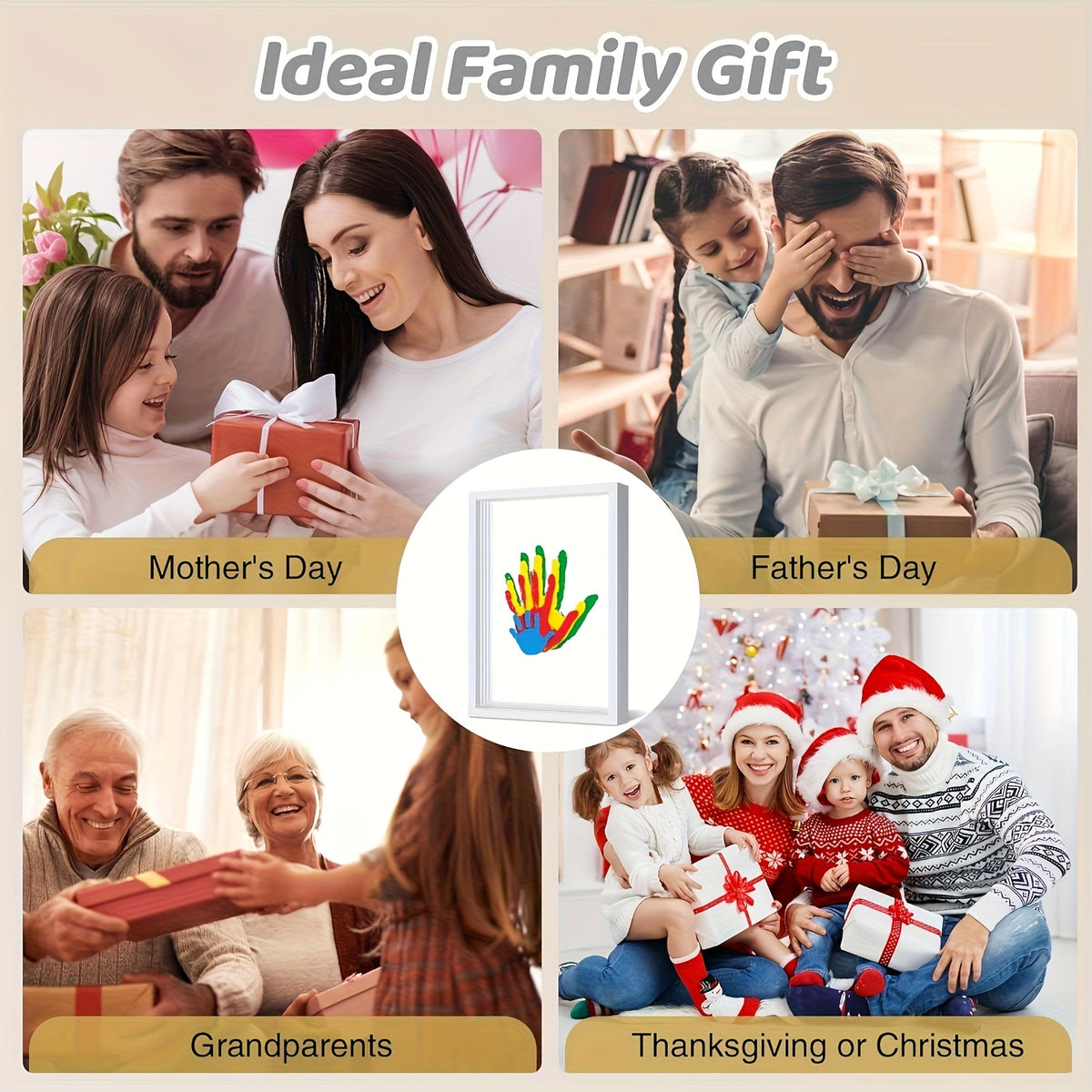 Family Handprint Kit with Keepsake Frame, 4 Handprint Spaces and 6 Paint Colors for Shared Memory Making, Mother's Day or Holiday Gift