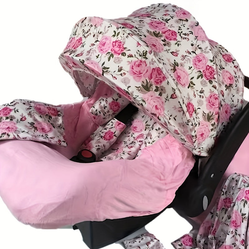 Infant Car Seat Cover Set with Canopy and Nursing Cover, Floral Baby Carrier Accessories with Blanket, Hat and Belt Covers for Travel and Gifting