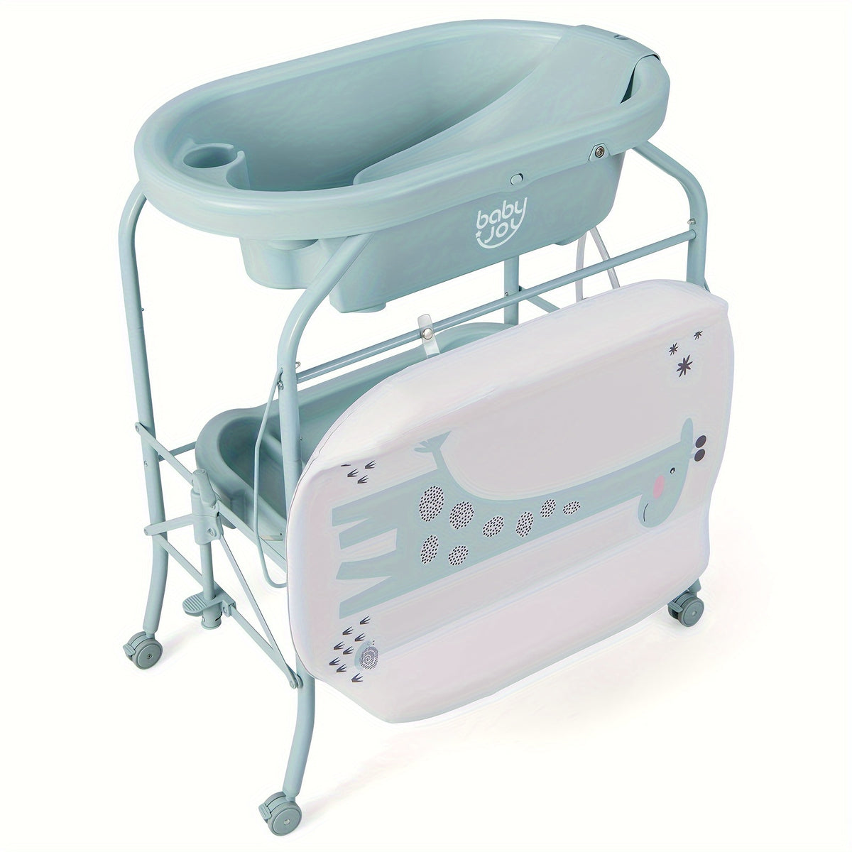 Folding Baby Changing Table with Bathtub and Wheels, Portable Diaper Station and Storage Shelf for Infants 0-12 Months, Space-Saving Rolling Nursery Cart with Weight Capacity, Blue