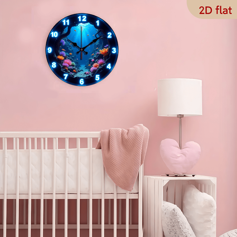 Underwater Nursery Wall Clock 10 Inch with Glow-in-the-Dark Fish and Coral Print, Silent Round 2D Flat Clock for Ocean-Themed Room Decor