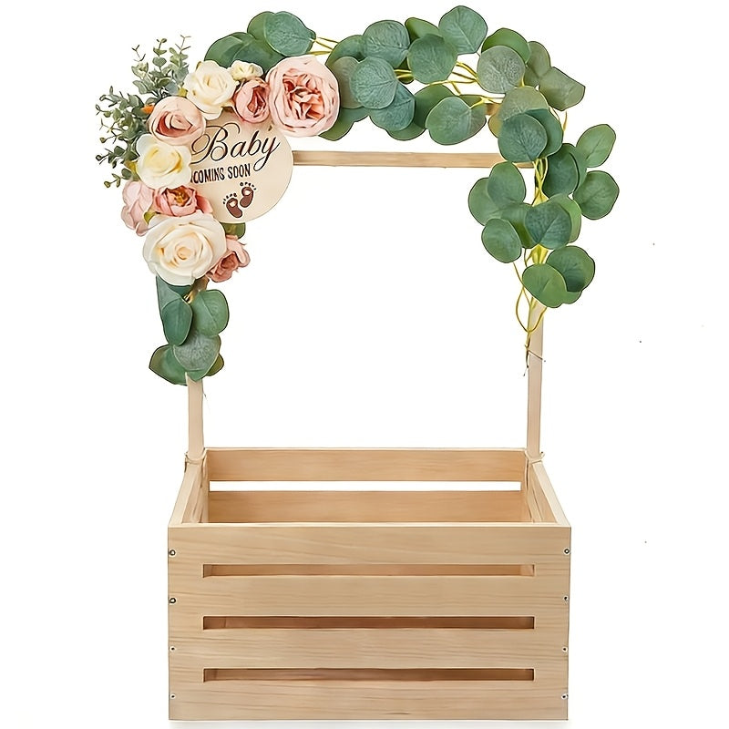Wooden Shower Gift Basket Crate with Alphabet Letter Design, Easy Assembly Storage and Display Box in Natural Color, Available as 1 or 2 Pieces