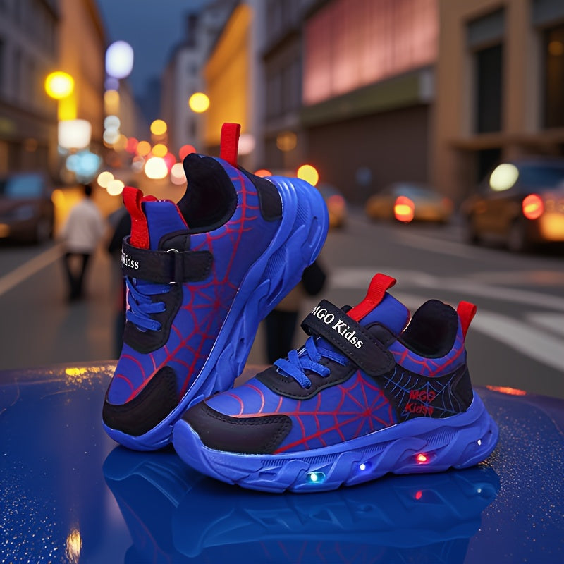 Boys LED Light-Up Mesh Sneakers with Spider-Inspired Design, Red Blue or Black Casual Running Shoes for Toddler, Little Kid and Big Kid Sizes