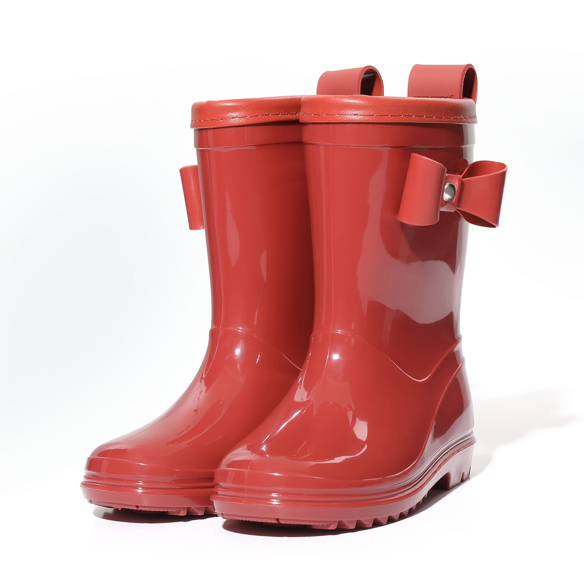 Girls Bow Rain Boots with Pull Tabs, Lightweight One-Piece Molded Toddler and Little Kid Boots in Pink, Burgundy, Dark Violet or Black for Rainy-Day Outings