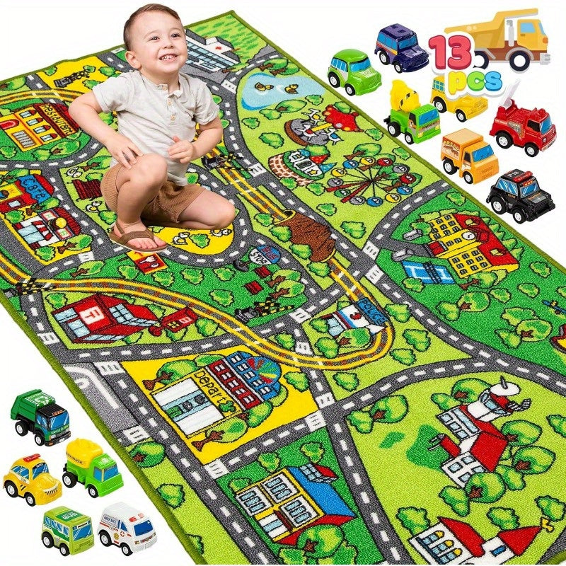 Pull-Back Car City Play Rug Set, 12 Friction-Powered Vehicles with a 58.5 Γ 31.5-Inch Road Map Carpet for Pretend Play, Ages 3+