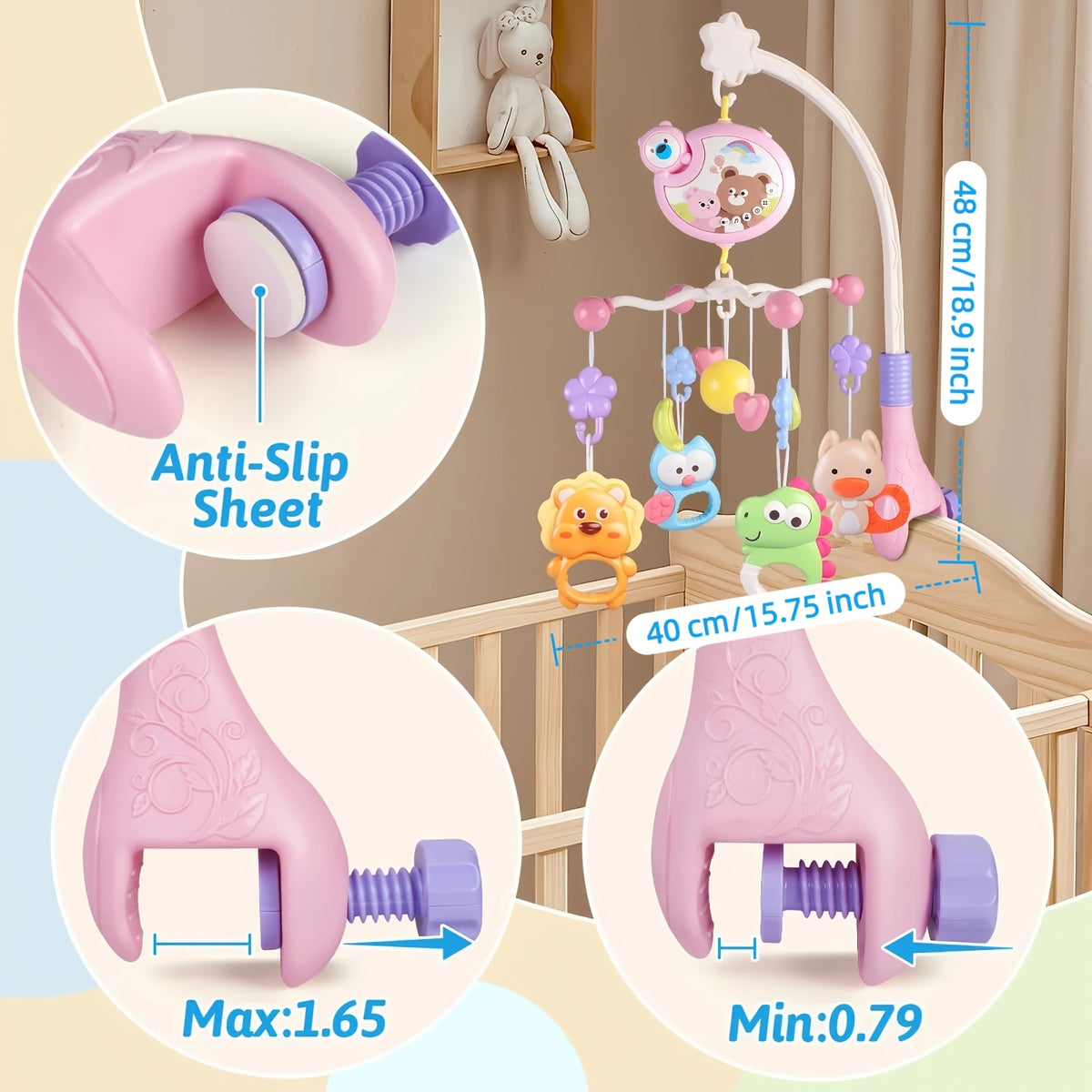 Musical Crib Mobile with Projection and Lights, Pink Hanging Nursery Mobile for Baby Cribs and Bassinets, Soothing Visual and Sound Features for Infants