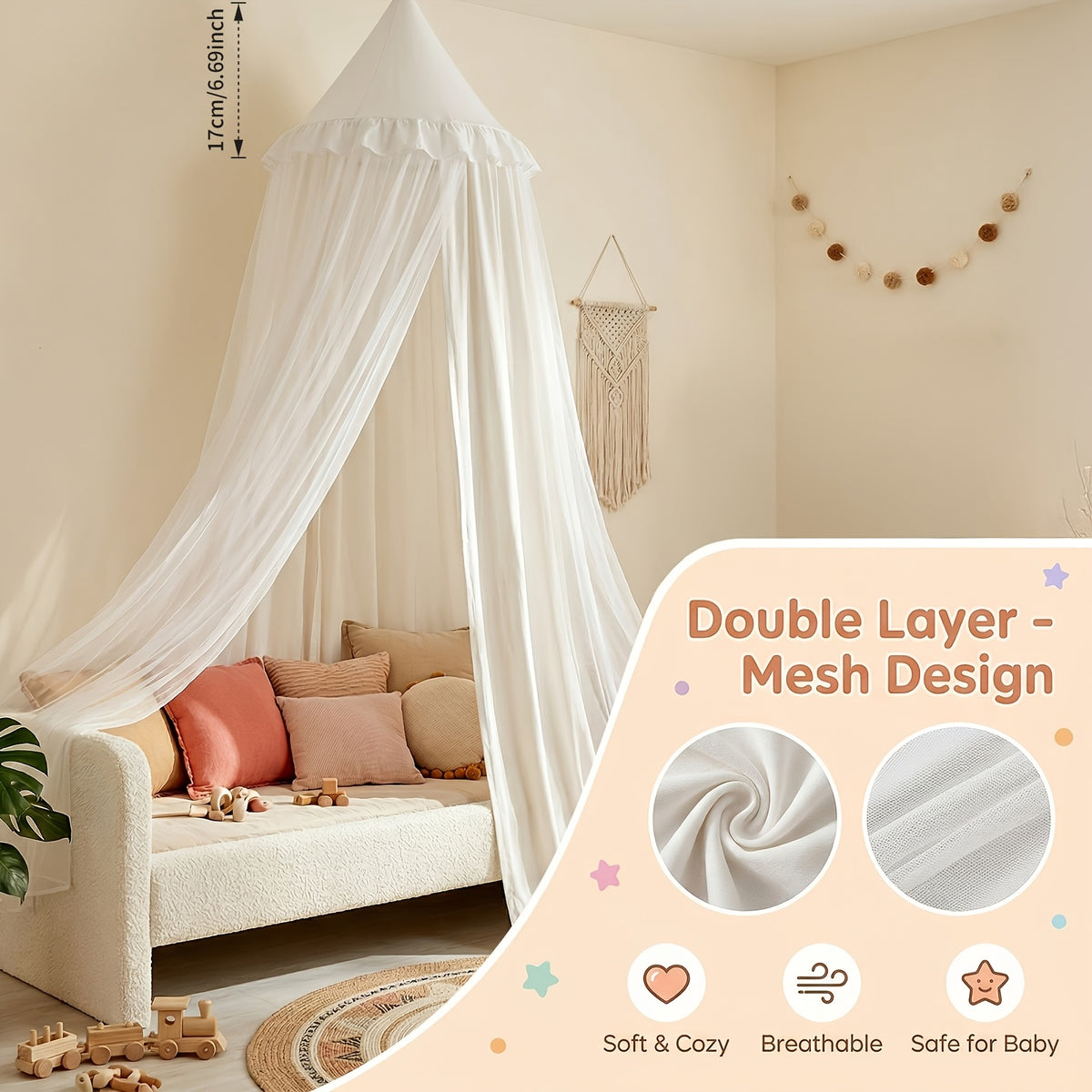 Princess Bed Canopy Tent with Star Night Light, Hammock Style Kids Bed Curtain Dome Mosquito Net, Double Layer Dustproof Breathable Reading Nook Drape for Toddler and Adult Beds, Machine Washable, White Pink Purple