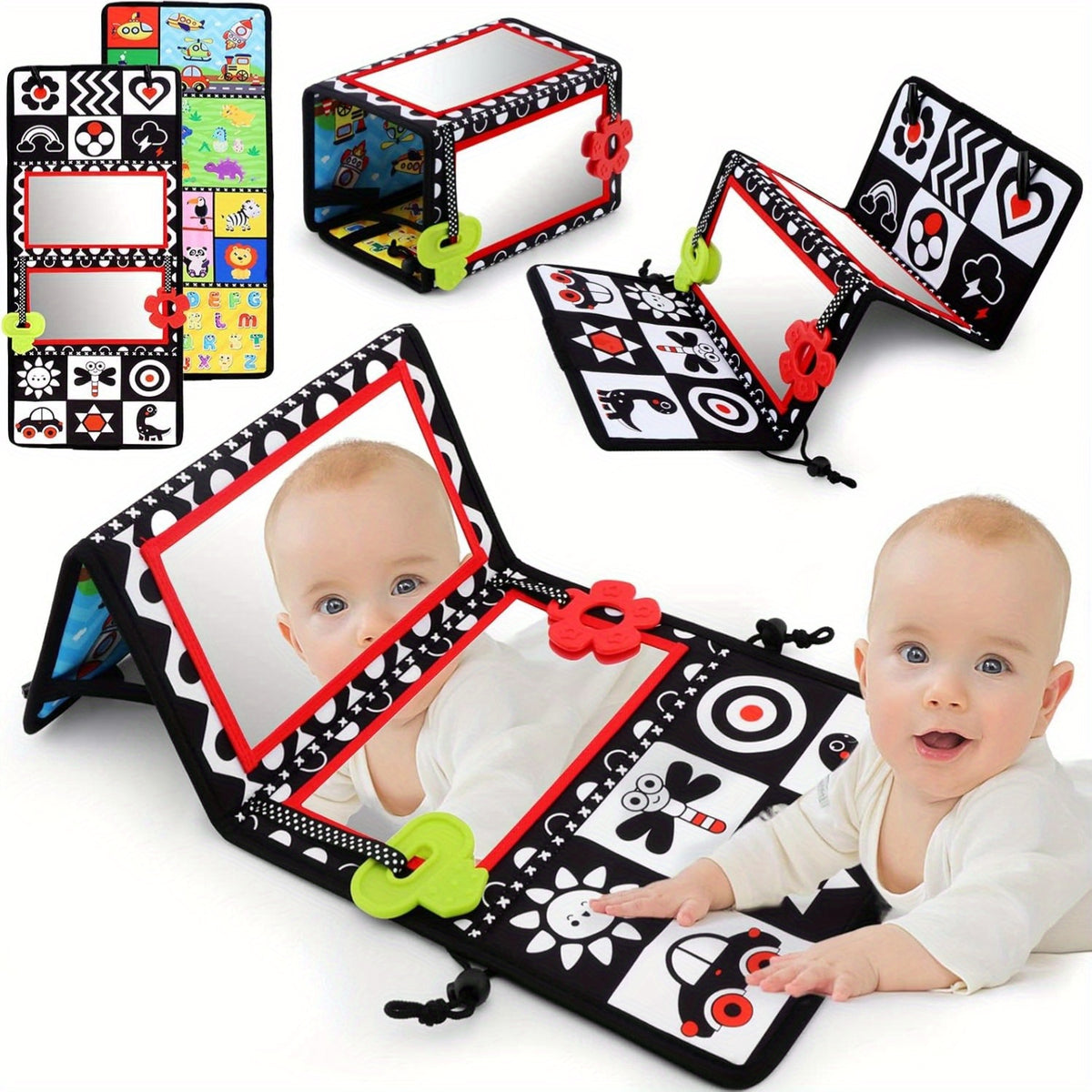 Tummy Time Baby Mirror with Teethers, Double-Sided High-Contrast Animal and Geometric Activity Toy for Supervised Sensory Floor Play