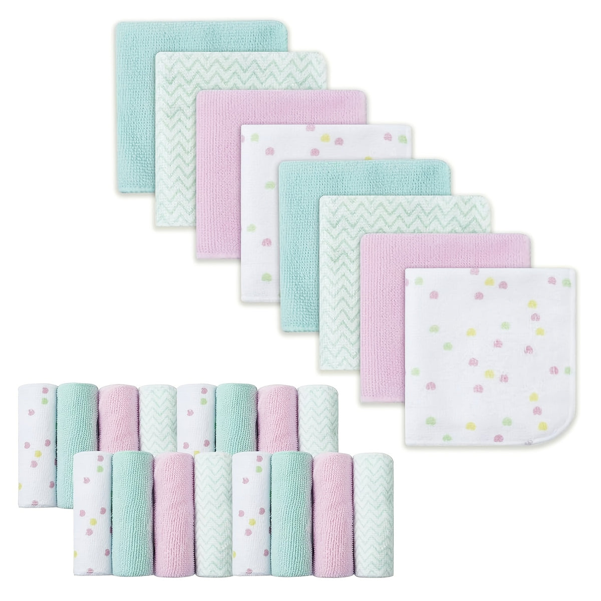 Soft Baby Washcloths 24-Pack, 9 x 9 Inch Absorbent Face and Body Bath Cloths with Whale, Elephant and Dinosaur Style Options for Everyday Care