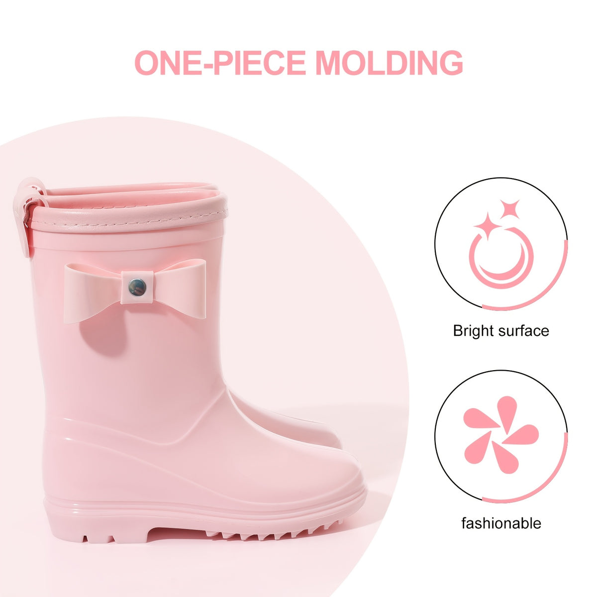 Girls Bow Rain Boots with Pull Tabs, Lightweight One-Piece Molded Toddler and Little Kid Boots in Pink, Burgundy, Dark Violet or Black for Rainy-Day Outings