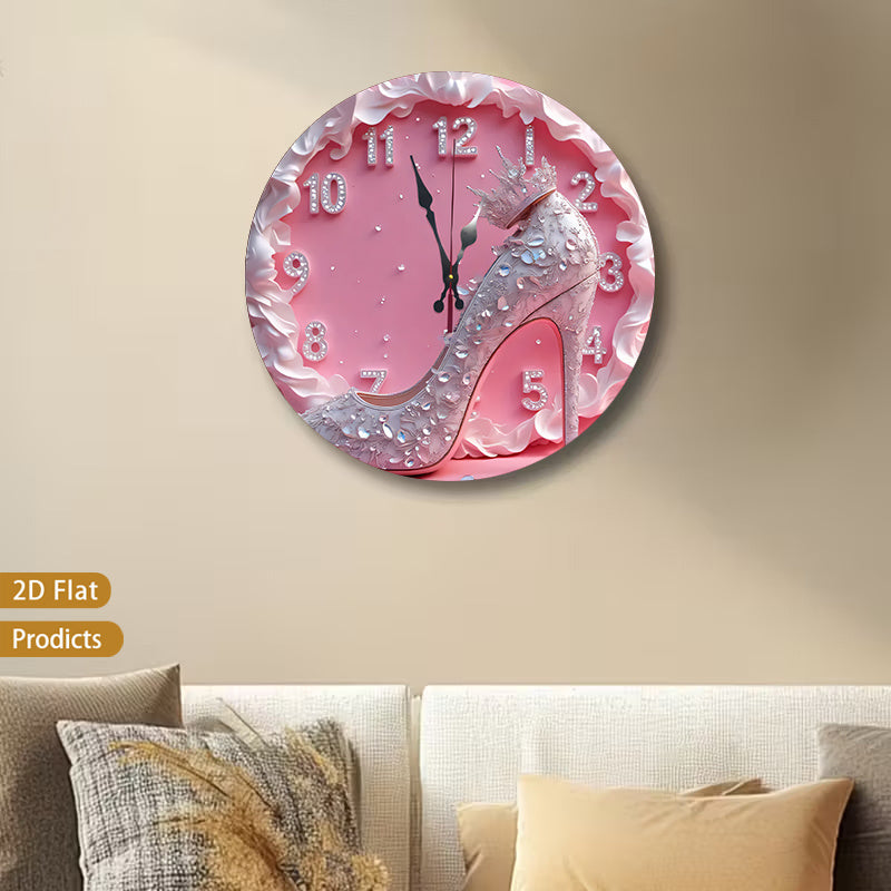 High Heel Shoe Wall Clock 12 Inch, Silent Non-Ticking Round 2D Flat Decorative Clock with Wood Frame for Bedroom or Dressing Room