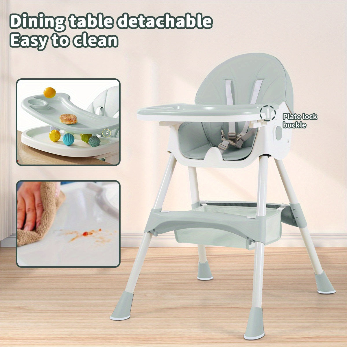 Foldable Baby High Chair with Removable Tray, Portable Dining Seat for Baby Mealtimes, Space-Saving Feeding Chair in Pink, Green or Khaki