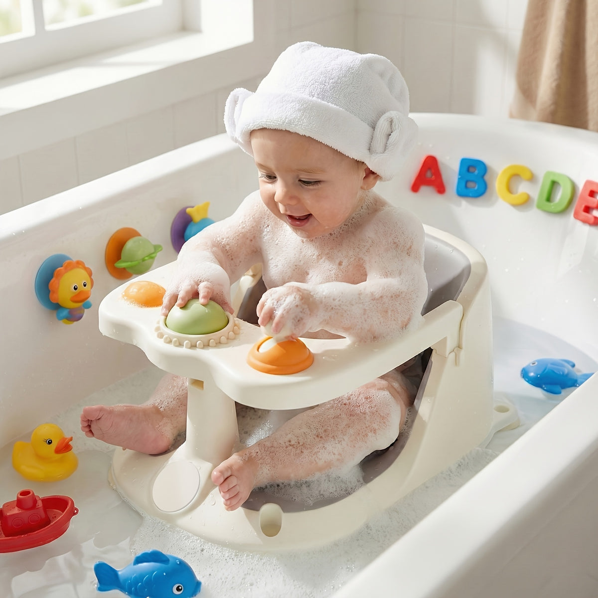 Suction-Cup Toddler Bathtub Seat with Soft Cushion, Non-Slip Baby Bath Chair for Sitting Infants 6 Months and Up During Supervised Bath Time