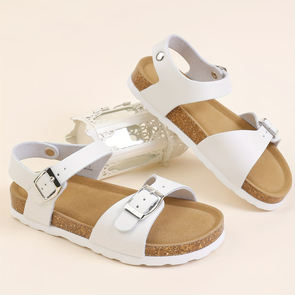 Kids Cork-Style Beach Sandals with Buckle, Lightweight Slip-On Summer Shoes in White, Black or Silvery Grey for Little Kids and Big Kids