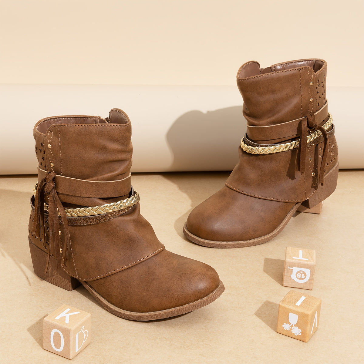 Plaid Side-Zip Ankle Boots for Girls - Stylish Low Heel Boots with Warm Lining, Non-Slip Outsole, Easy On and Off for Little Kid & Big Kid, Perfect for Fall and Winter