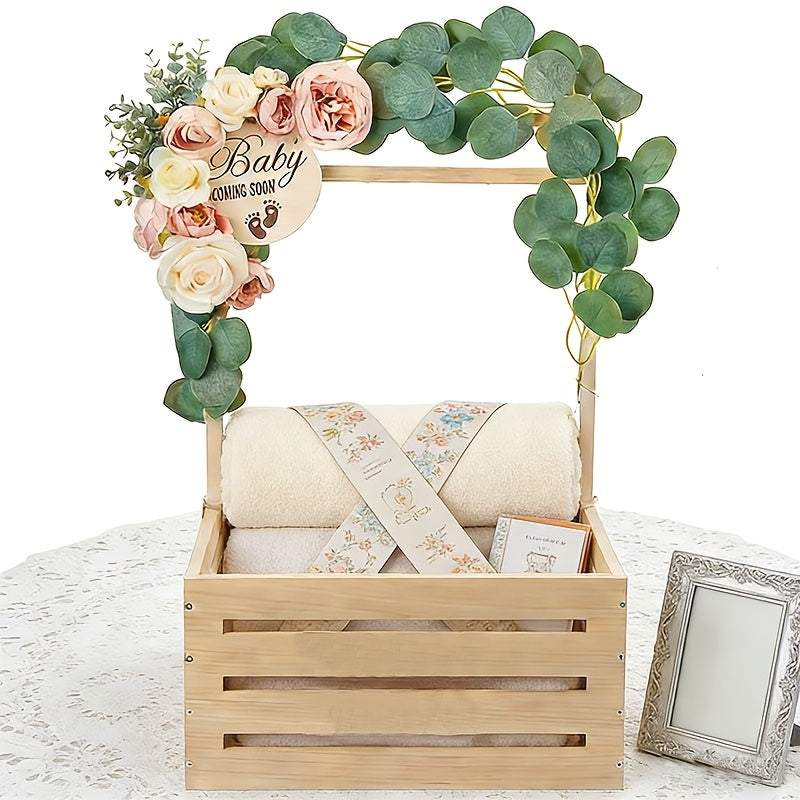 Wooden Shower Gift Basket Crate with Alphabet Letter Design, Easy Assembly Storage and Display Box in Natural Color, Available as 1 or 2 Pieces
