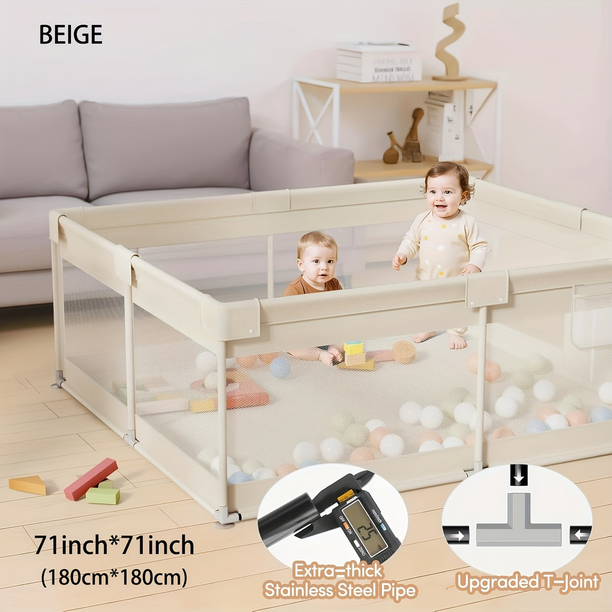Baby Playpen with Breathable Mesh for Indoor and Outdoor Play, Large Kids Activity Yard in Beige or Gray with Multiple Size Options