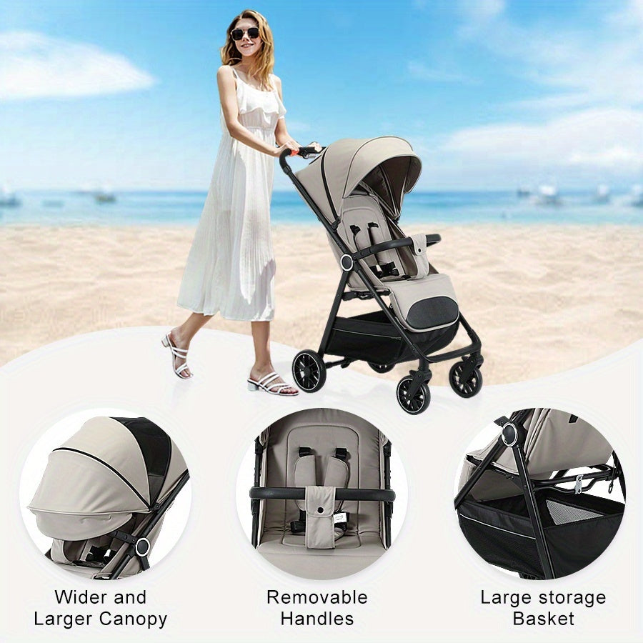 Compact Folding Baby Stroller with Reclining Seat, Canopy and Under-Seat Storage Basket, Black or Khaki Travel Pushchair for Family Outings