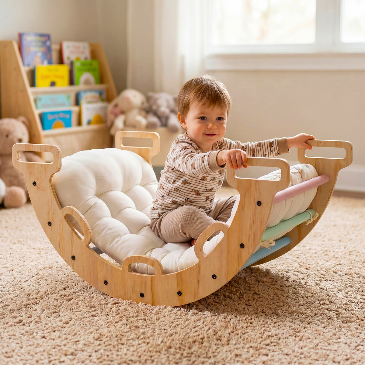 Toddler Climbing Arch and Rocker with Cushion, 3-in-1 Wooden Indoor Play Gym and Crawling Tunnel for Ages 1+, 81 cm Arch with Natural, Macaron or Multicolor Options