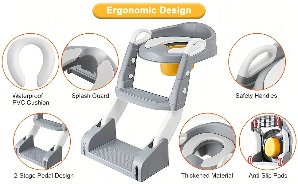 Convertible Toddler Potty Seat with Double-Step Ladder, 2-in-1 Foldable Toilet Trainer with Removable PVC Cushion, Splash Guard and Side Handles