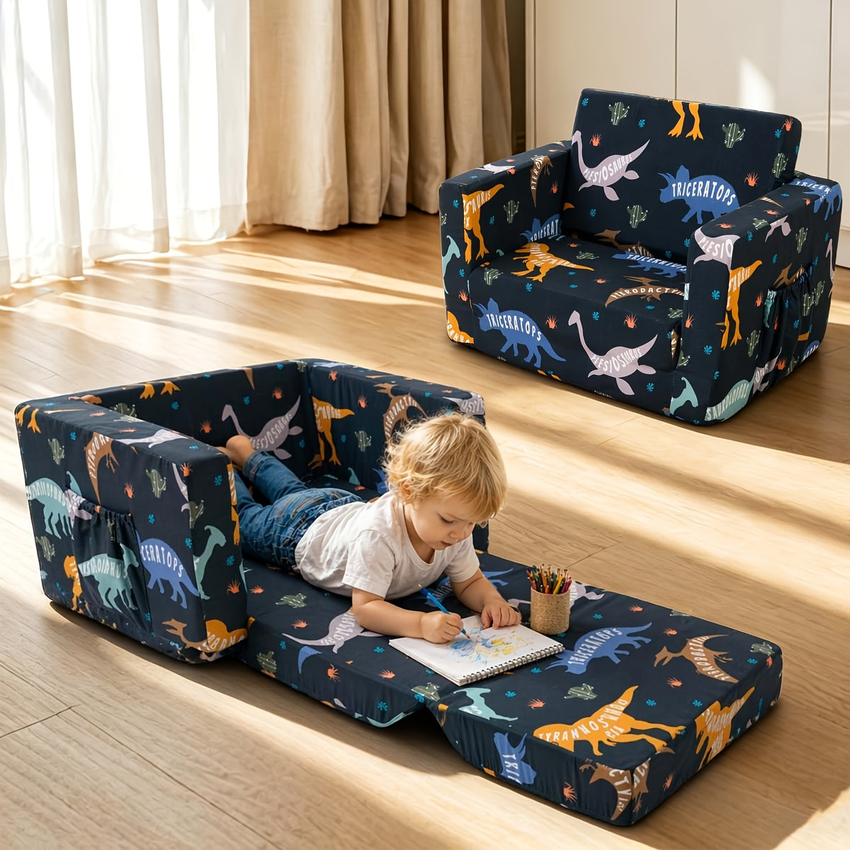 Convertible Kids Sofa Bed, 2-in-1 Fold-Out Toddler Couch and Lounge Chair with Removable Washable Cover for Reading and Playroom Relaxing