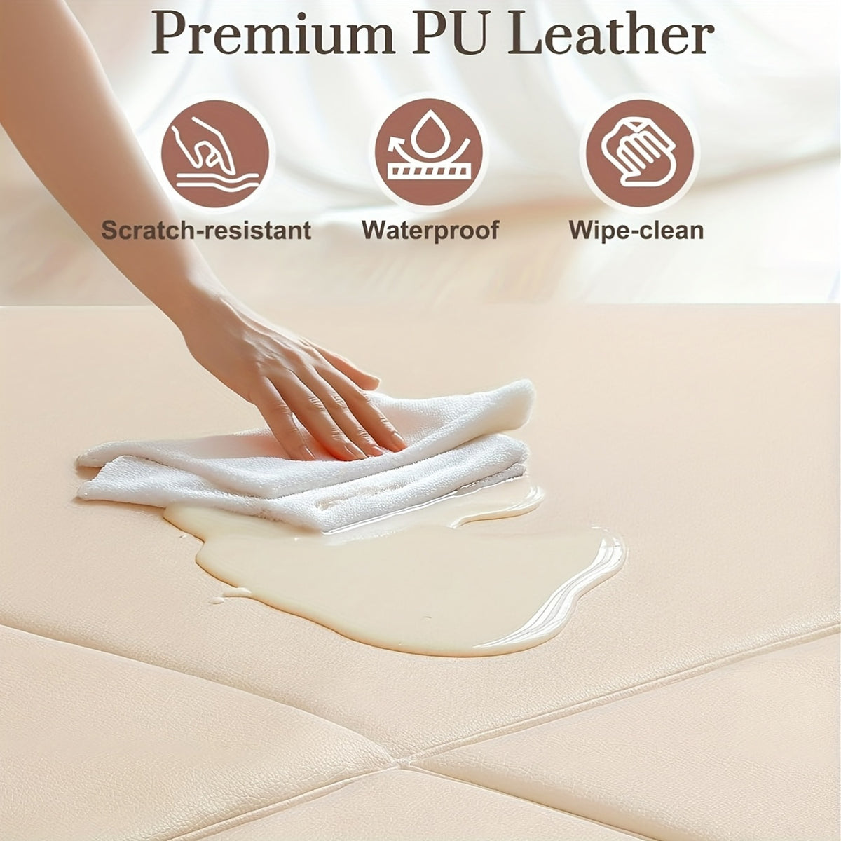 Modular Baby Play Mat in Beige with Four Foldable Foam Sections and Wipe-Clean Vegan Leather Surface for Supervised Floor Play and Nursery Corners