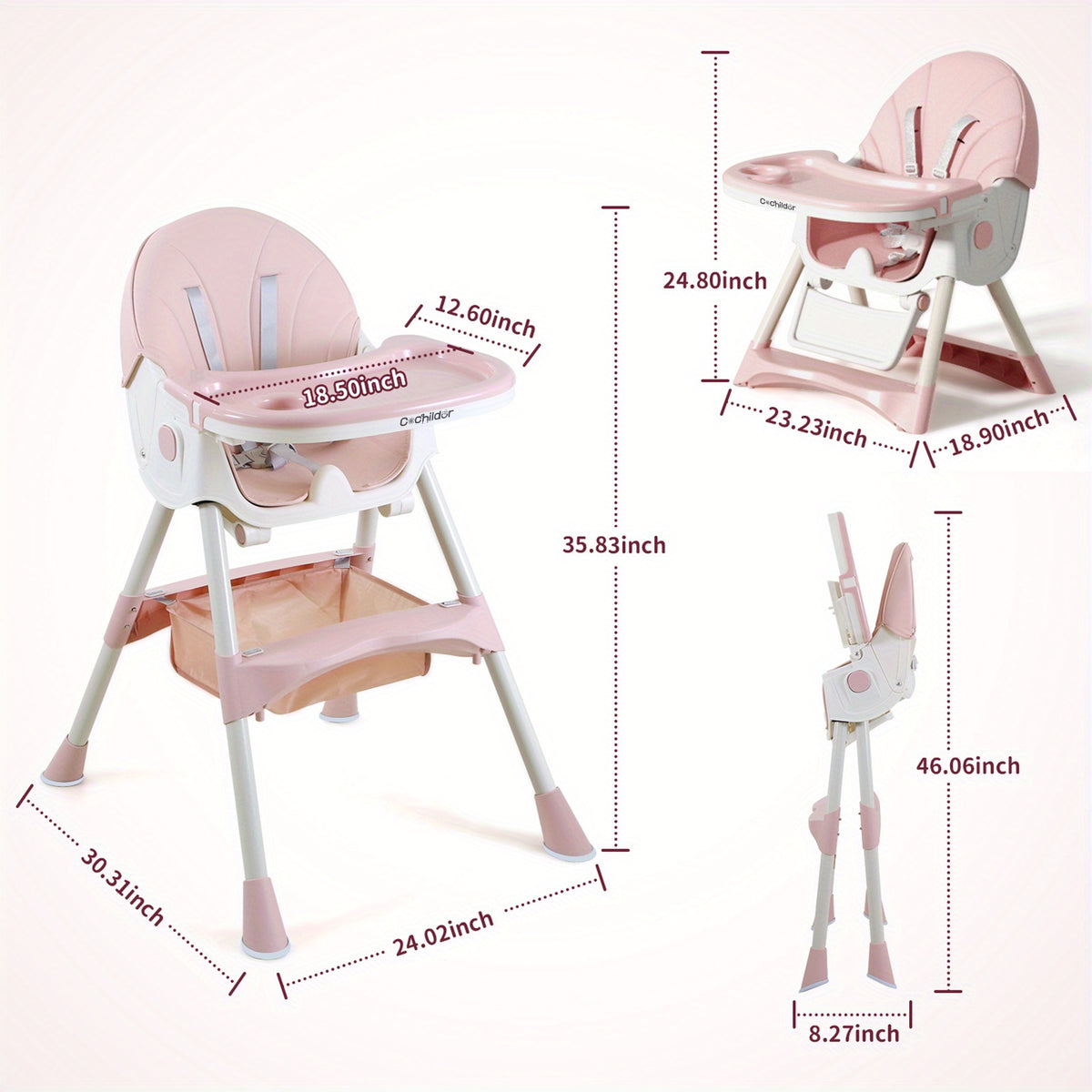 Adjustable Baby Dining Chair with Tray, Convertible Folding High Chair with Multi-Position Backrest and 5-Point Harness for Home Meals and Outings