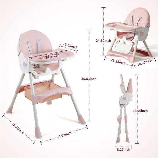 Adjustable Baby Dining Chair with Tray, Convertible Folding High Chair with Multi-Position Backrest and 5-Point Harness for Home Meals and Outings
