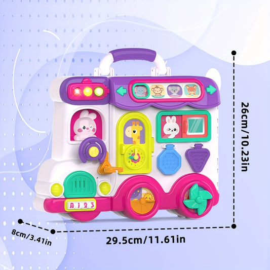 Bilingual Musical Busy Board for Baby, 54-in-1 English and Spanish Activity Toy with Shapes, Numbers, Letters and Interactive Details in Purple