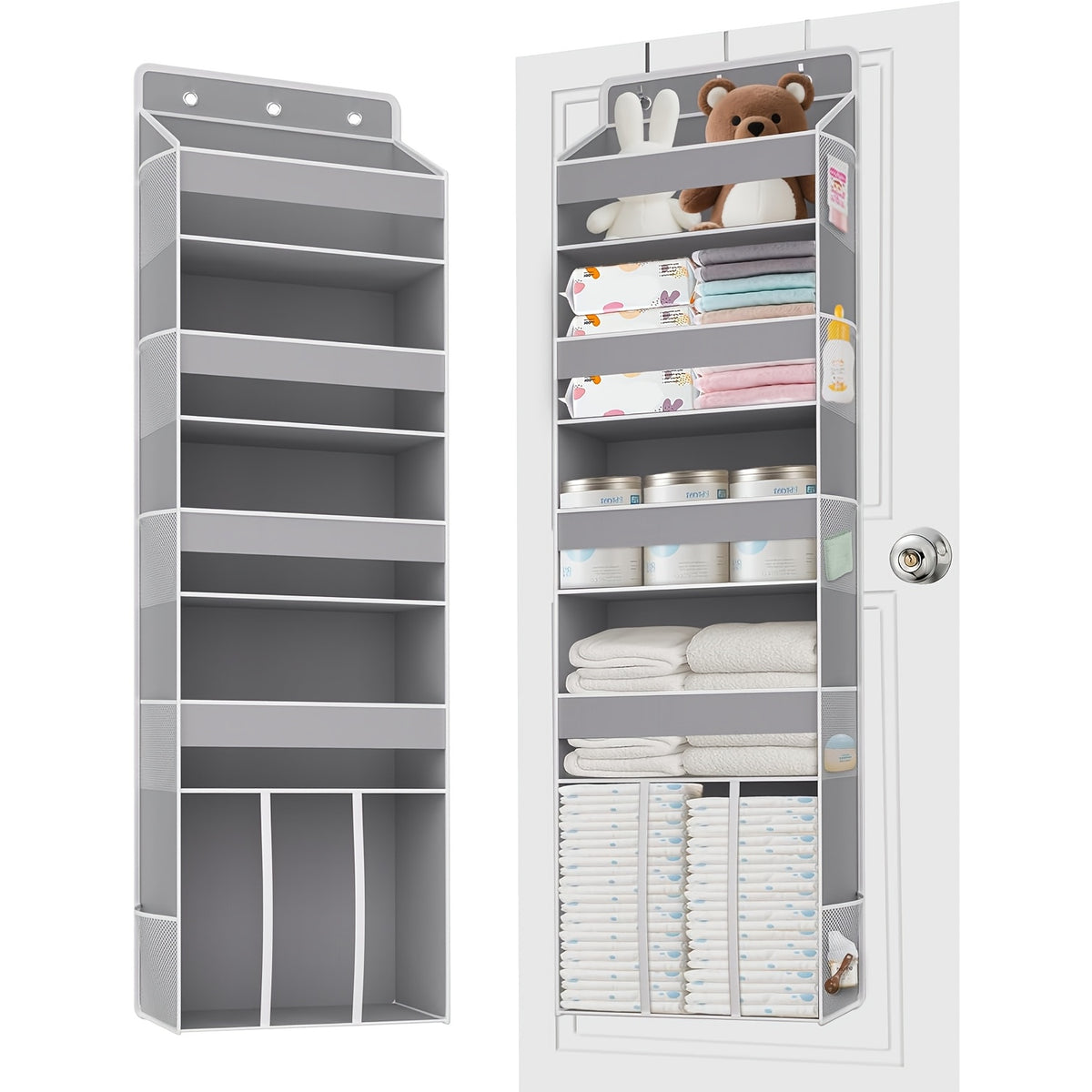 Swing-Proof Over the Door Organizer, 6-Shelf Hanging Storage with 6 Clear Front and 12 Side Pockets, Holds Up to 50LB, No-Drill Behind Door Storage for Nursery, Closet, Bedroom and Bathroom